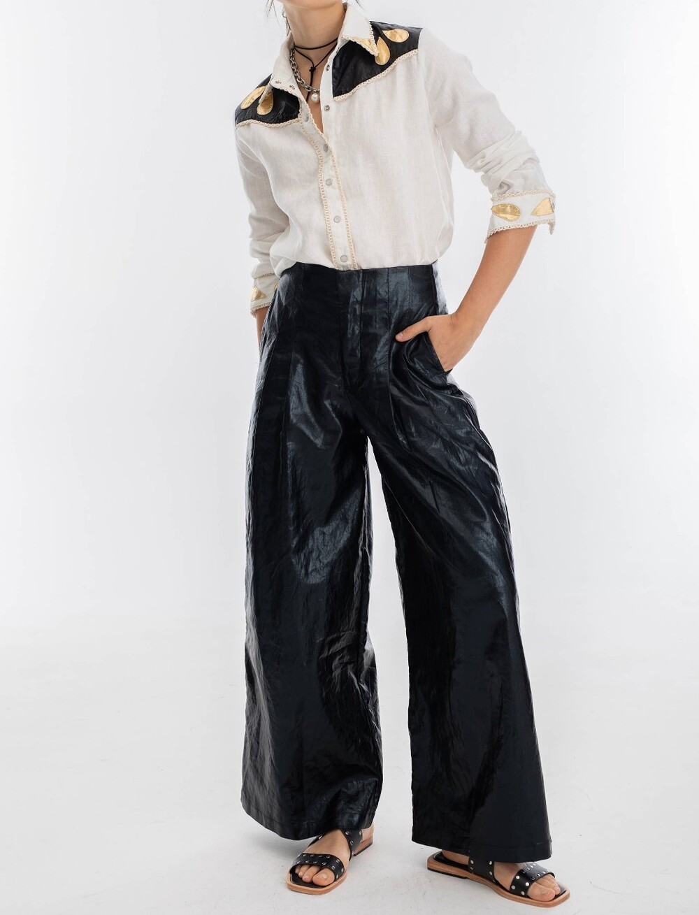 Lanhtropy Metallic Linen Wide-Leg Black High-Rise Pants